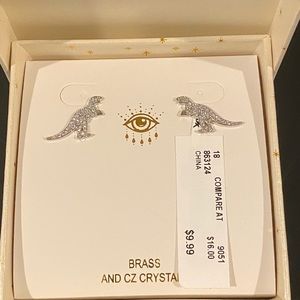 Adorable crystal and silver tone T-Rex earrings